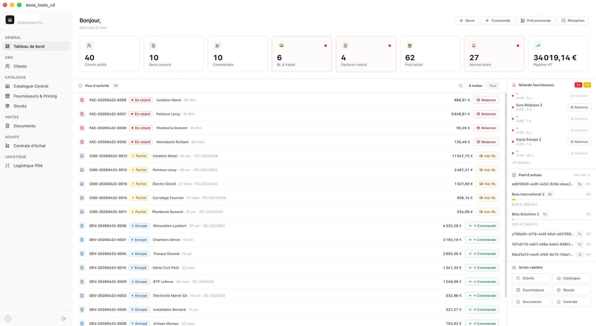 Operations dashboard showing KPIs, client orders pipeline, and activity feed