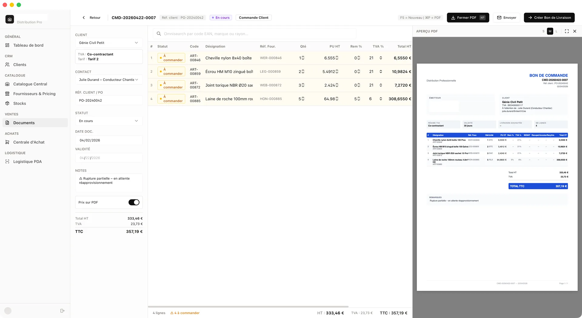 Client order detail with line items, stock status, eco-taxes, and PDF preview